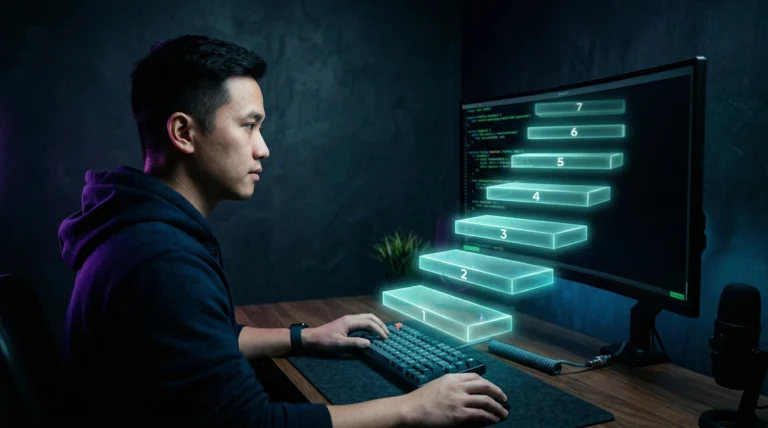 7 cấp độ Claude Code — Vietnamese developer với holographic staircase teal và purple